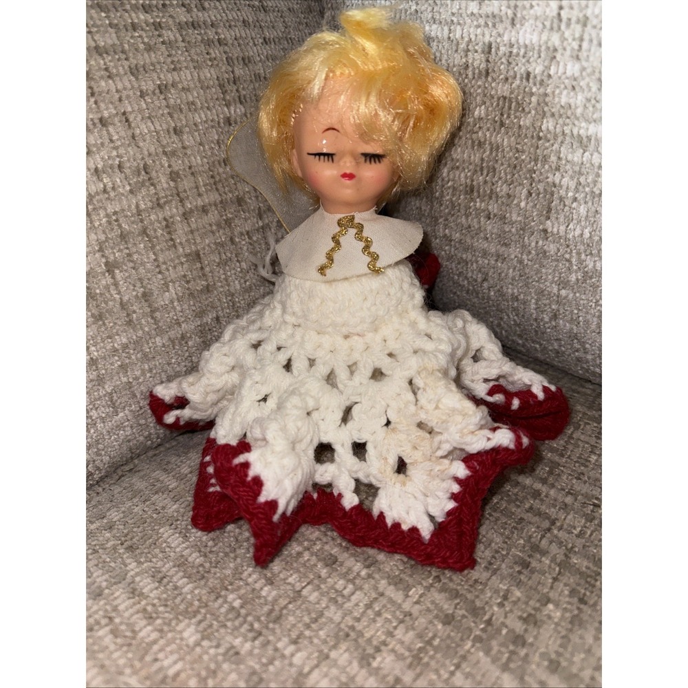 Vintage Handmade Crochet Christmas Angel‎ Tree Topper Retro MCM 7"